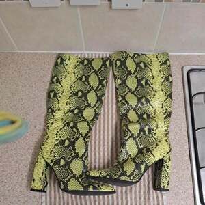 Public Desire Neon Yellow & Black Snake Print Block Heel Boots